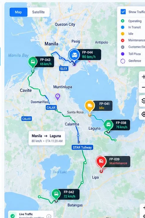 FleetPilot map view displaying example trucks and routes around Manila and Laguna