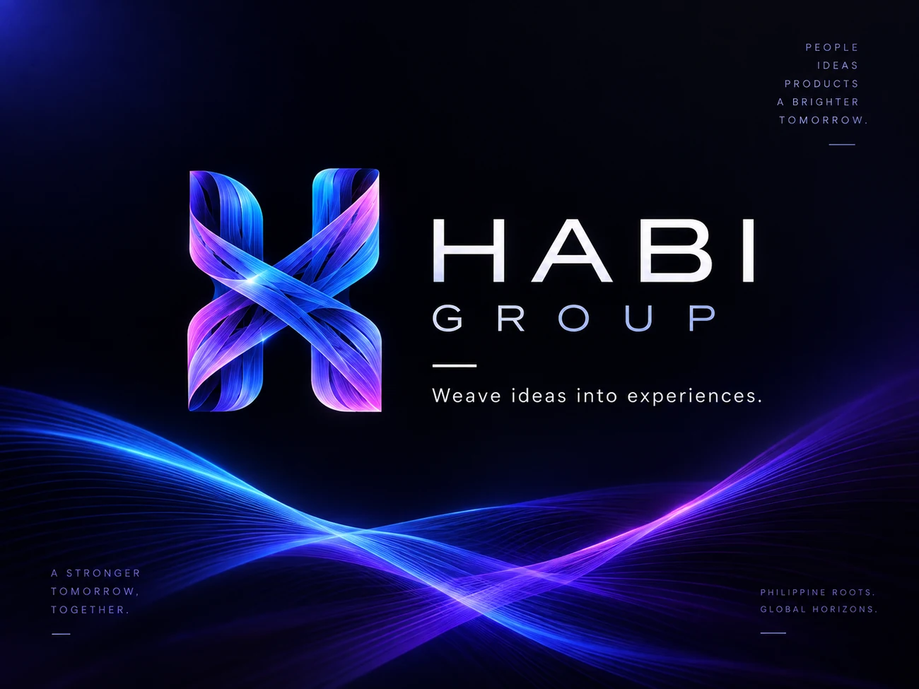 Original HABI Group brand artwork with woven H logo and violet-blue flowing lines