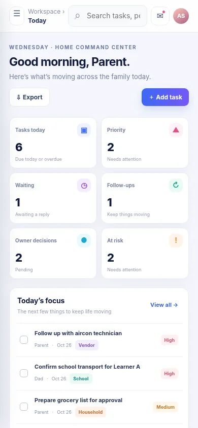 HomeFlow mobile dashboard with today's priorities