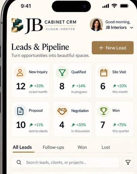 JB Cabinet CRM mobile view showing example lead-stage metrics and pipeline controls