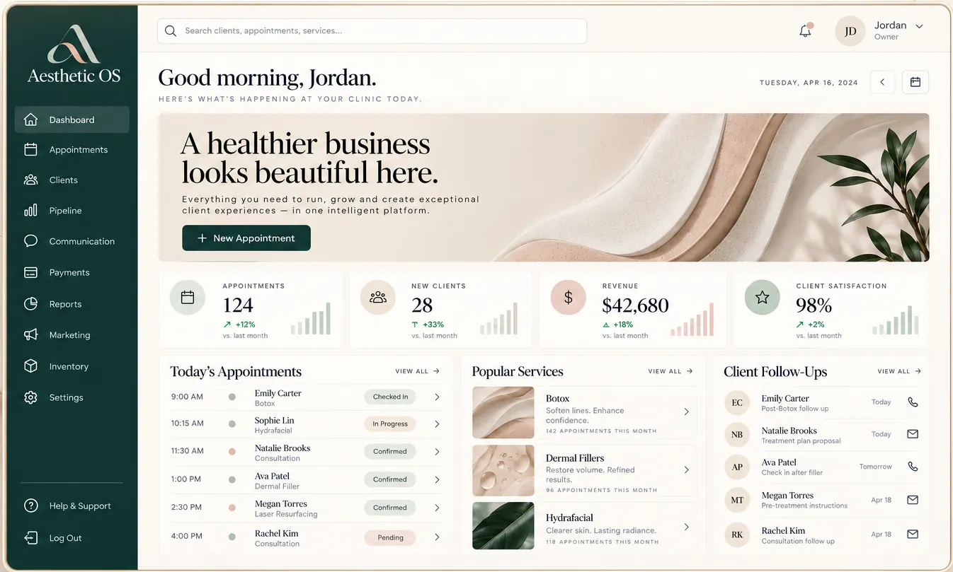 Aesthetic OS: Earlier Aesthetic OS clinic dashboard concept with sample data. Not a production patient system.