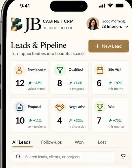 JB Cabinet CRM: Earlier JB Cabinet CRM phone screen. Lead identities were excluded from this cropped reference.