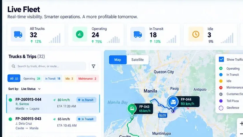 FleetPilot: FleetPilot live-fleet operations reference. The image is demonstration artwork, not live vehicle telemetry.