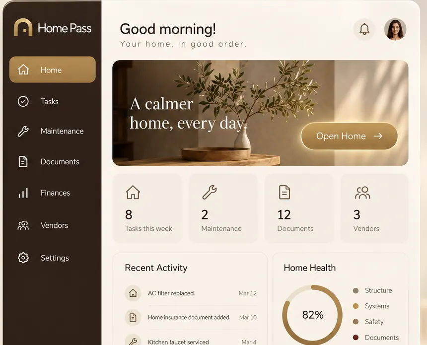 HomePass: HomePass brass identity and dashboard concept. Branding differs from the existing local-first prototype; source approval pending.