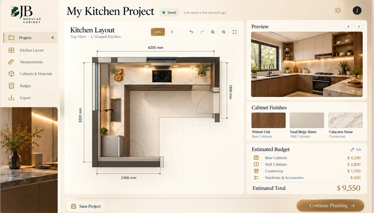 Kitchen Planner: Kitchen Planner concept reference with illustrative dimensions and prices. Not a live customer quote or verified estimate.